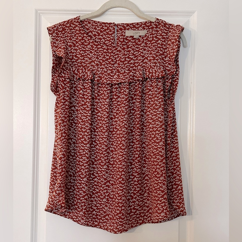 Loft size small ruffle sleeveless blouse white and burnt orange